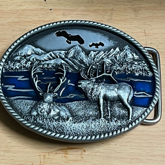Men Belt Buckle Jeans Friend Antique Silver Blue Enamel Moose - Picture 1 of 5